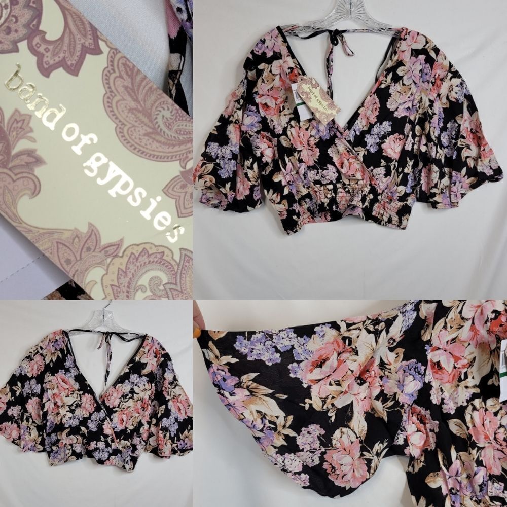 NEW L Band of Gypsies BLACK PINK FLORAL VNECK CROPPED BELL SLEEVE TOP la…